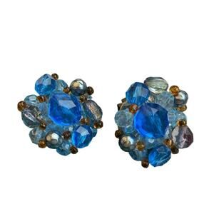 VINTAGE Blue Beaded Clip On Earrings from Germany Retro Costume